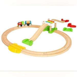 Shelf#1  18 Piece Wooden Train Set with Colorful Bridge